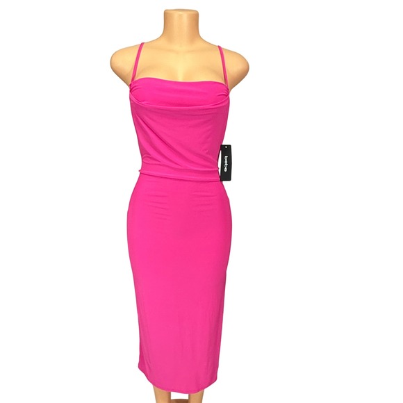 bebe Dresses & Skirts - Bebe‎ Women S Pink Spaghetti Strap Cowl Neck Midi Sheath Dress NWT